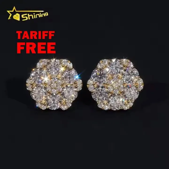 DH-ER005_1 Moissanite Earrings Big Luxury Cluster Flower Hip Hop 925 Sterling Silver Moissanite Stud Earrings - Image 1