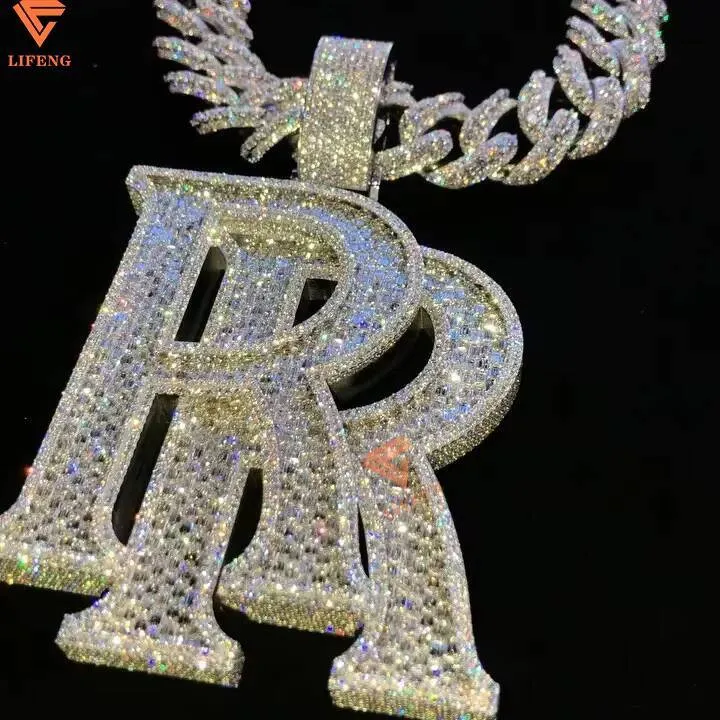 DH-NP015_1 Double R Letter Baguette Diamond VVS Moissanite 925 Silver Personalized Necklace Iced Out Custom Jewelry Chain Pendant - Image 1